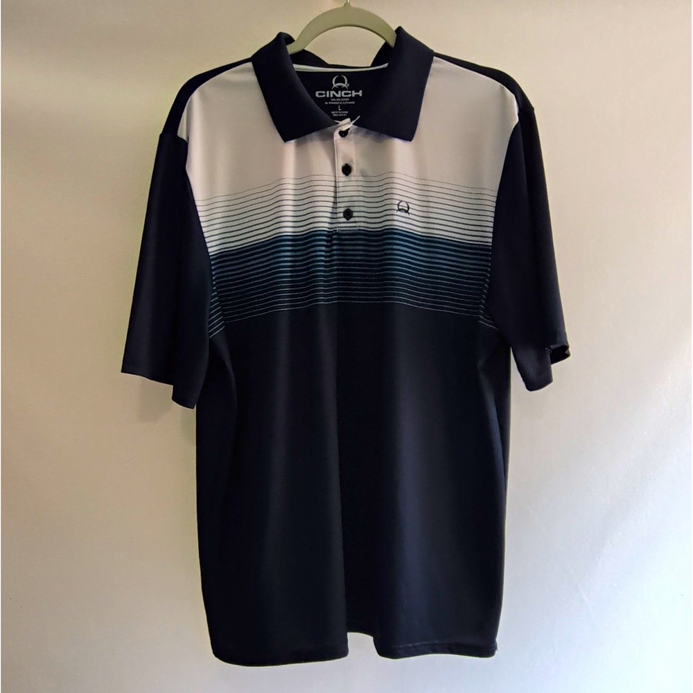 Cinch Men's Polo Shirt L  Navy Blue & White  Striped Short Sleeve